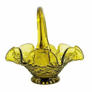 VTG Fenton Glass Colonial Green Basketweave Basket Applied Handle Ruffle Rim